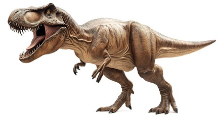 Fototapeta premium A detailed 3D render of a Tyrannosaurus Rex, showcasing its powerful stance, sharp teeth, and textured skin against a white background.