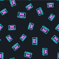 Line Boxing ring show at laptop icon isolated seamless pattern on black background. Vector