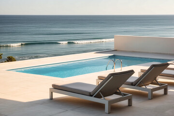 Fototapeta premium Terrace in villa with sunbeds and swimming pool . AI Generated