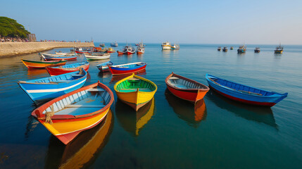 Obraz premium Colorful wooden fishing boats gently floating in the calm waters of a bay at sunrise, creating a vibrant and serene scene