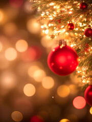 Obraz premium 부드럽고 흐릿한 황금빛 보케 배경에 반짝이는 크리스마스 조명이 있습니다. 전면에는 섬세한 빨간색, 녹색, 금색 장식이 보이지 않는 끈에 부드럽게 매달려 있으며, 이미지 전체에 은은한 눈송이가 몇 개 떠 있습니다.