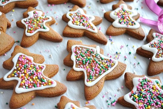 Gingerbread cookies, Christmas shapes, white icing, festive ribbons – holiday card or baking blog