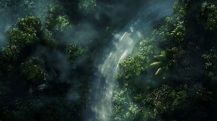 Fototapeta premium Misty Forest Road Winding Through Lush Green Canopy