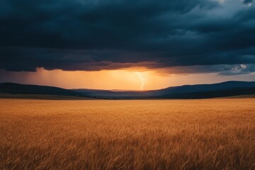 Fototapeta premium Golden Wheat Field Sunset Storm With Lightning