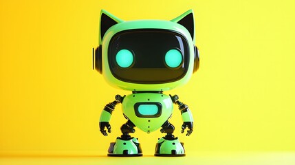 Fototapeta premium Funky Mini Green Robot Cat with Winking LED Eyes Pointing Upward, Gradient Soft Yellow Background, Ideal for Fun AI and Tech Product Advertising