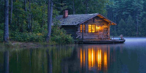 Fototapeta premium peaceful lakeside cabin at dawn, surrounded by trees and reflecting in water, creates serene atmosphere