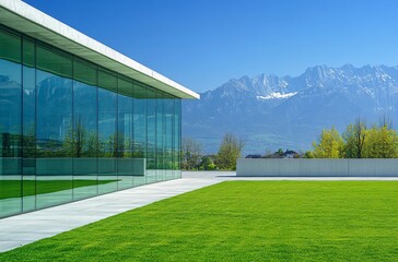 Obraz premium Modern villa with a green lawn and parking lot, set against a majestic mountain backdrop, blending contemporary architecture with nature for a luxurious and tranquil retreat.