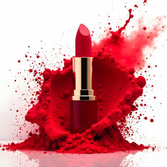 High end product illustration of a luxurious red lipstick with an explosion of vibrant red powder surrounding it