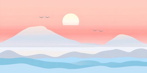 Serenely peaceful minimalist vector landscape with birds flying over mountains and a tranquil ocean under a setting sun
