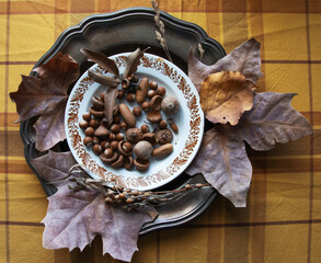 acorns on white plate
