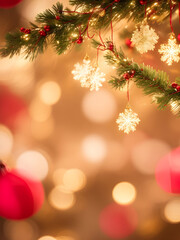 부드럽고 흐릿한 황금빛 보케 배경에 반짝이는 크리스마스 조명이 있습니다. 전면에는 섬세한 빨간색, 녹색, 금색 장식이 보이지 않는 끈에 부드럽게 매달려 있으며, 이미지 전체에 은은한 눈송이가 몇 개 떠 있습니다.