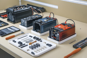 Fototapeta premium Battery replacement repair efficiency concept. A clean workspace with several disassembled batteries and tools arranged neatly for repair and maintenance.