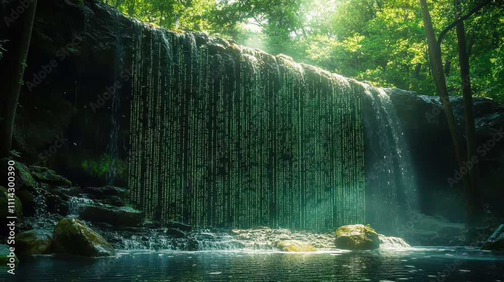Poster digital matrix code waterfalls with green binary cascading through nature