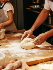 Father and son creating dough together in a cozy kitchen during a family baking session