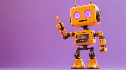 Naklejka premium Funky Orange Robot with Excited LED Eyes Pointing to Top-Right Corner, Solid Light Purple Background, Perfect for Ads with Copy Space