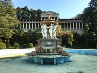 Old soviet fountain and building. Abandoned architecture from the USSR times. Sanatorium named...