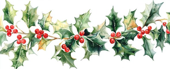 Fototapeta premium Watercolor seamless pattern featuring winter flowers such as holly, designed for Christmas. Stock illustration from 2022.