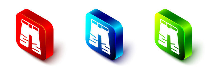 Isometric Wide pants icon isolated on white background. Trousers sign. Red, blue and green square button. Vector