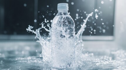 Refreshing Hydration: Crystal Clear Water Bottle Splashing into a Pool of Purity