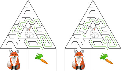 Help a rabbit escape from triangular maze to find carrot. Avoid the fox. Feed the hungry rabbit labyrinth. Easy riddle for little kids with solution