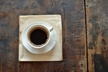 Aromatic Cup of Coffee on Rustic Wooden Table with Vintage Paper