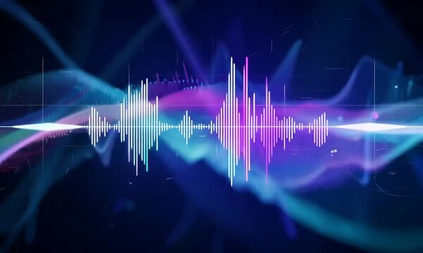 Abstract sound wave audio equalizer on a dark blue background.
