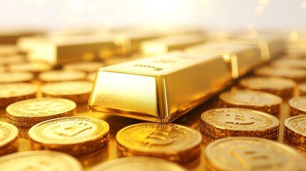 Gold Bullion and Bitcoin Coins Close-Up Financial Market Cryptocurrency Investment Environment Luxurious Overview