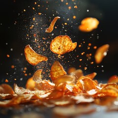 Crispy potato chips in mid-air display