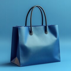 Blue purse with a black strap is displayed on a blue background