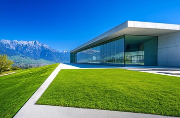 Modern villa with a green lawn and parking lot, set against a majestic mountain backdrop, blending contemporary architecture with nature for a luxurious and tranquil retreat.