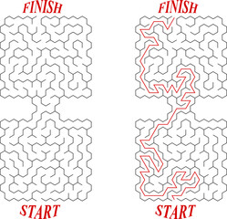 Vector labyrinth composed of 2connected rectangular mazes with hexagonal cell. Black and white riddle with entry and exit. Find the way through labyrinth puzzle