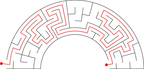 Maze inside the shape of rainbow. Beautiful red, yellow, blue, green and purple labirinth with entrance and exit. Solution included. Nice game for children