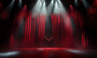 Naklejka premium A theatrical background with devil horns part of a grand stage set, emerging from behind heavy red velvet curtains, with spotlight beams highlighting their ominous presence