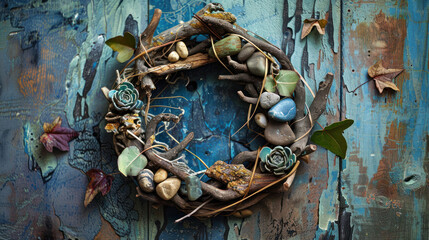 Eco-friendly wreath with unconventional materials like driftwood, stones, and fabric scraps
