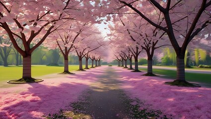 Serene Pathway Through Blossoming Cherry Trees