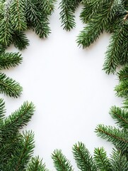 Green pine branches frame a blank background.