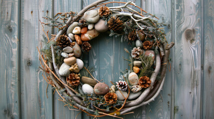 Eco-friendly wreath with unconventional materials like driftwood, stones, and fabric scraps