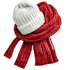 Detailed Winter Accessories Set: Red and White Scarf with Matching Beanie, Isolated on PNG Transparent Background
