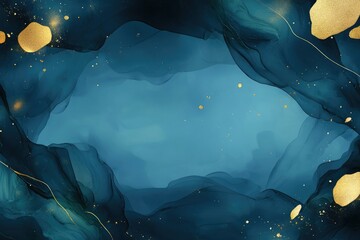 Alcohol ink abstract blue background. Liquid watercolor texture with golden dots and stains for wedding invitation, catalog, banner
