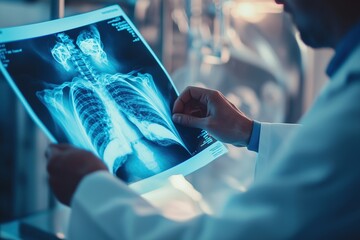 Close-up of a doctor examining a patient's X-ray film, a medical study concept.