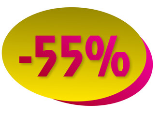 Promotion label, 55% off, yellow and pink.