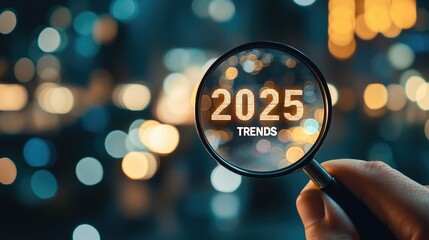 2025 Trends concept. A businessman presents 2025 TRENDS globe surrounded, e-commerce, finance, healthcare, online work, media, technology and green business, generative ai