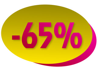 Promotion label, 65% off, yellow and pink.