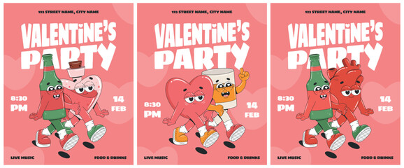 Valentines Day Party Flyer Design with groovy cartoon characters on pink background. Romantic vintage poster set. Love Celebration.