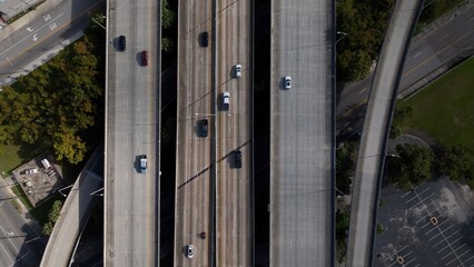 Traveling and driving on Interstate Highway I-95 through Jacksonville, Florida Aerial drone view of...