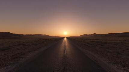 Fototapeta premium long straight highway stretches into horizon, illuminated by warm sunset. landscape features distant mountains and serene atmosphere, evoking sense of adventure and tranquility