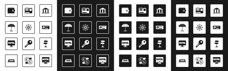 Set Museum building, Ship steering wheel, Sun protective umbrella for beach, Wallet, Airline ticket, Action extreme camera, Road traffic sign and Location hotel icon. Vector