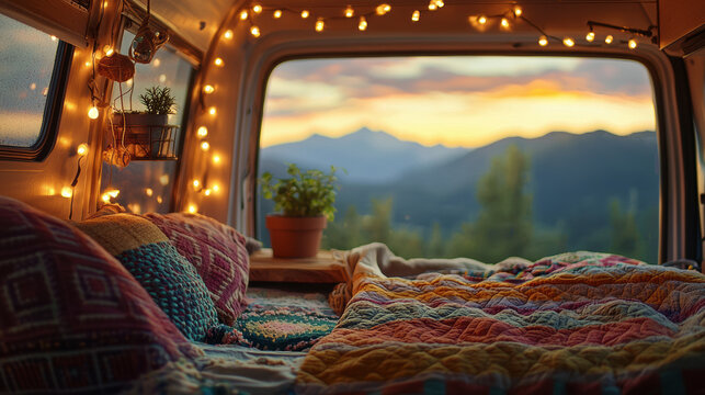 cozy camper van interior with colorful bedding, fairy lights, and scenic mountain view at sunset creates warm and inviting atmosphere