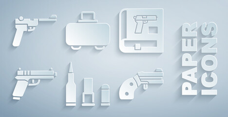 Set Bullet, Book with pistol or gun, Pistol, Small revolver, Weapon case and Mauser icon. Vector