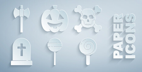 Set Lollipop, Skull on crossbones, Tombstone with, Pumpkin and Wooden axe icon. Vector